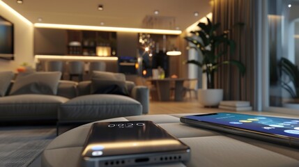 A mobile phone displaying a smart home app within a modern living room setting