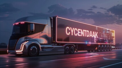 A 3D rendering of a modern electric semi-trailer truck featuring the text 