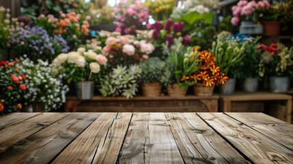 Fototapeta na wymiar Empty wooden table top with blur background of flowers store. Generated with AI