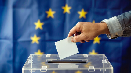 Man throwing his vote into the ballot box. Elections to the European Parliament - 740283529