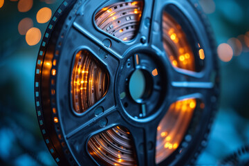 Front view of a vintage film reel with film strips unspooling on the sides, offering a cinematic background with space for text. Concept of classic movie vibes. Generative Ai.