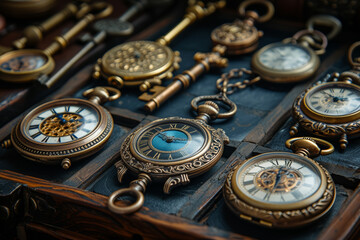 A collection of antique keys and pocket watches arranged on a dark surface, leaving an intriguing space for text. Concept of time and mystery. Generative Ai.