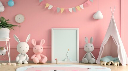 Charming Children's Room Interior with Pastel Pink Decor and Plush Toys