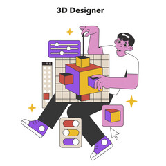 3D Designer Shaping Digital Realities. Flat vector illustration.