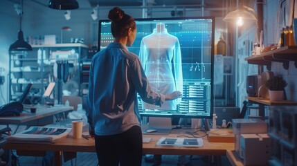 A fashion designer attentively interacts with a holographic display of a mannequin in a modern design studio setting.