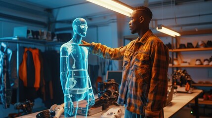 A man explores human anatomy through a holographic projection, highlighting technology's role in medical education. - obrazy, fototapety, plakaty