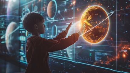 Young boy engaging with a futuristic interactive 3D display of planet Earth, symbolizing advanced education technology.