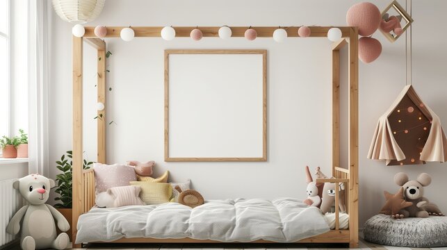 Children's Room Interior with Wooden Bed and Plush Toys