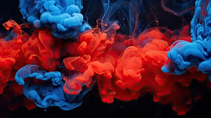 Vibrant Red and Blue Smoke Mixing in Abstract Ink Blot on Black Background - obrazy, fototapety, plakaty