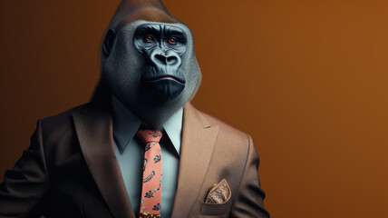 Portrait of a gorilla dressed in an elegant suit on a dark orange background