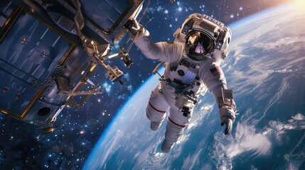 An astronaut performs a spacewalk outside the International Space Station, with Earth's horizon in the background, representing human space exploration. - obrazy, fototapety, plakaty