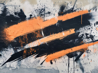  Simple texture of orange and black spray paint graffiti by hand on the wall in the form of an...