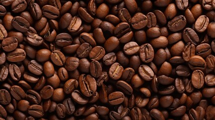 Obraz premium Aromatic Java Beans Overhead View, Scattered Fresh Arabica Roasted Organic Coffee Background