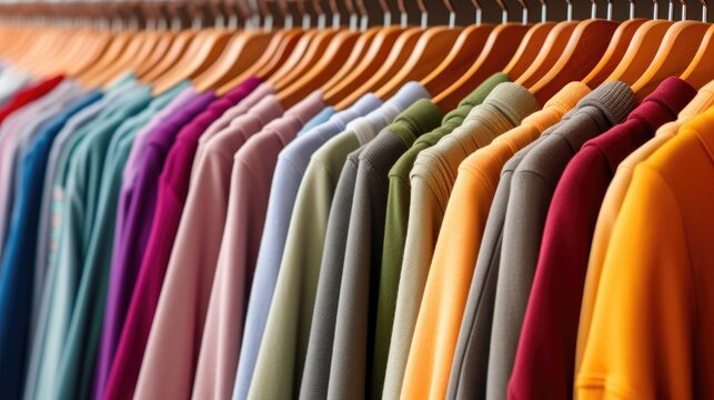Vibrant Collection of Colorful Shirts Hanging on a Rack for Fashion Retail Display