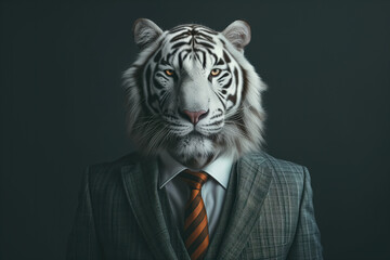 Portrait of a white tiger dressed in an elegant suit on a dark green background