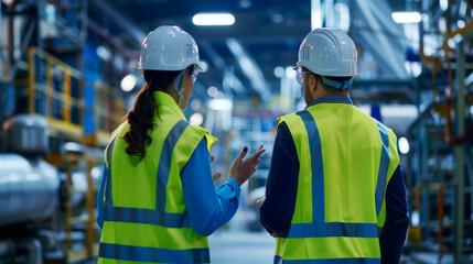 Two industry professionals in safety gear are inspecting a manufacturing plant using a digital tablet.