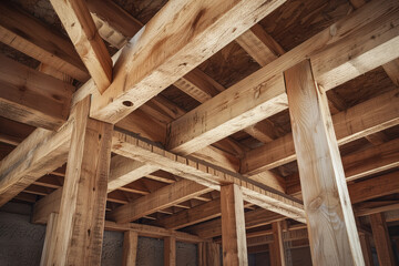 View of wood framing beams that are being used in construction new house that is under construction Generative AI