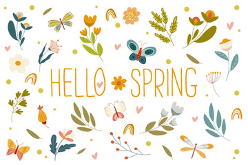 Collection vector individual elements. Hello spring hand drawn set of colorful flowers, leaves branches and butterflies, flat icons. Illustration vor greeting card, social media, textile