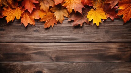 Naklejka na ściany i meble Vibrant Autumn Leaves Adorn Rustic Wooden Background with Ample Copy Space for Seasonal Messaging