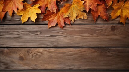 Naklejka na ściany i meble Rustic Autumn Vibes: Colorful Maple Leaves Scattered on Wooden Background