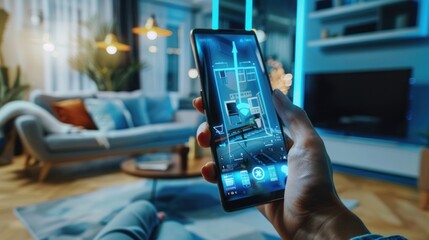 A smartphone app screen displays a smart home technology interface, featuring an augmented reality (AR) view of internet of things (IoT) connected objects within the apartment interior