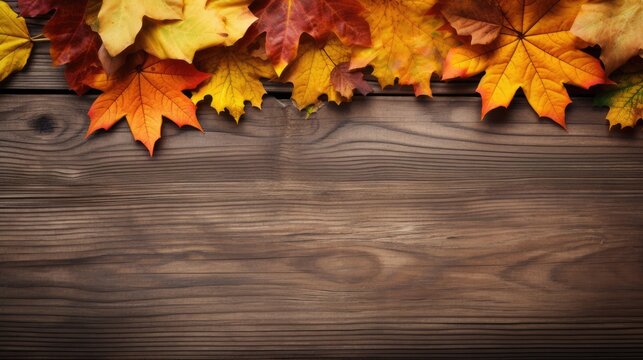 Autumnal Vibes: Colorful Leaves Scattered on Rustic Wooden Background