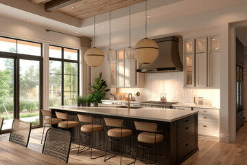 Warm Modern Kitchen with Wicker Pendants. Cozy kitchen with wicker pendant lights, marble countertops, and garden view.