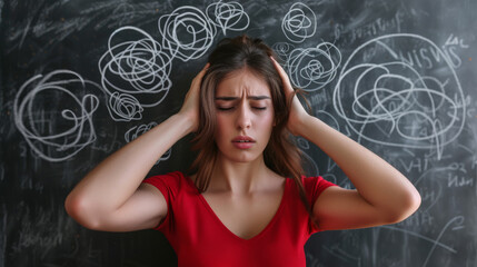 Fototapeta premium young woman in a red shirt with her eyes closed, pressing her temples with a pained expression against a background of a blackboard covered in chaotic white chalk scribbles