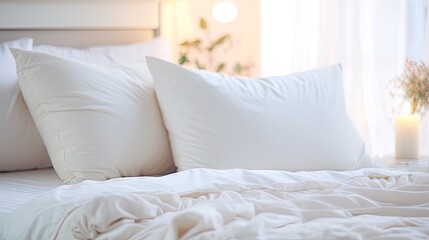 Serene White Bed with Soft Pillows on Fresh Sheets in a Bright Minimalist Bedroom Setting