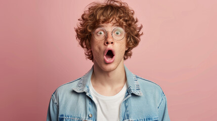 A young man with curly hair and round glasses expresses surprise with wide eyes and an open mouth against a light background. - obrazy, fototapety, plakaty