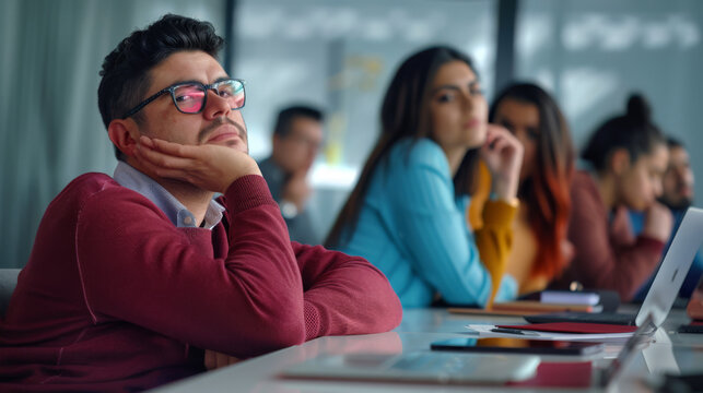 A man appears to be lost in thought or bored during a meeting, with a hand on his cheek and a distant gaze, surrounded by coworkers in a modern office environment.