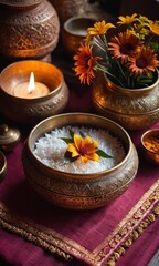 A pot of rice with a yellow flower surrounded by other decorated bowls. Spa, relaxation, and traditional wellness. Spa brochures, wellness blogs, cultural articles, interior decor inspiration.