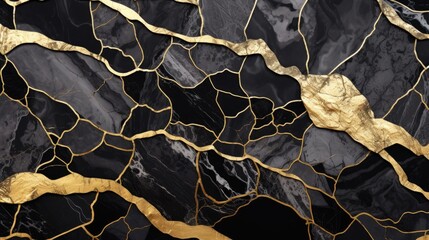 Elegant Black Marble with Luxurious Gold Veins - Japanese Kintsugi Inspired Background