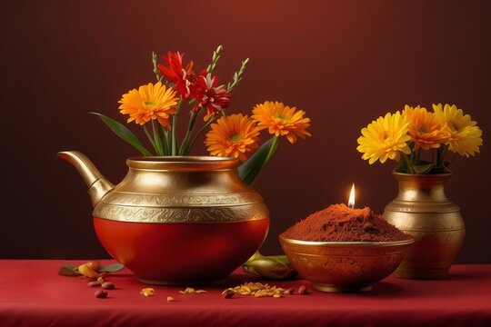 A still life setup with a brass teapot, a bowl with spices, and a vase with orange and red flowers on a maroon cloth with a warm-toned backdrop.