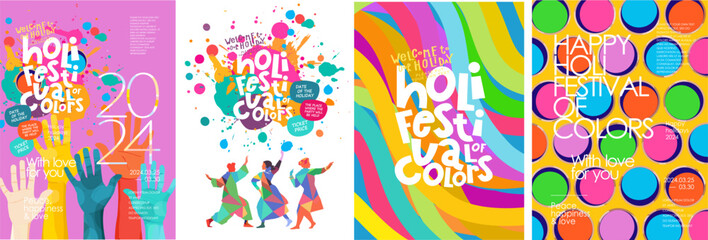 Happy Holi. Festival of Colors. Vector illustration of bright colorful paint cans, splashes, hands, dancing Indian people, pattern for poster, greeting card, flyer, invitation or background - 740286562