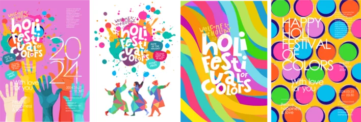 Foto op Plexiglas Happy Holi. Festival of Colors. Vector illustration of bright colorful paint cans, splashes, hands, dancing Indian people, pattern for poster, greeting card, flyer, invitation or background © Ardea-studio