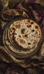 Stack of Fresh flatbreads on a patterned cloth.Rustic, traditional cuisine.Culinary website, food blog, cultural article. Festival, poster, menu. 