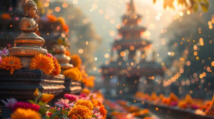 Adorned with velvet flowers, Buddha statue with golden light with bokeh effect in the background. Religion and culture. For banners, wallpaper, background, celebration, desing.  With copy space.