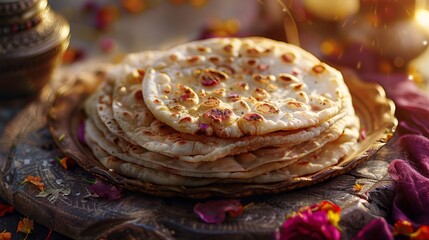 Puran poli, an Indian flatbread. Food blog, cultural article. Festival Gudi, Ugadi. - obrazy, fototapety, plakaty