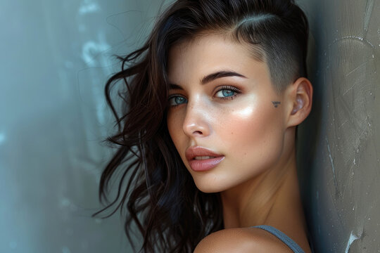 A shot of a young brunette woman with a striking, timeless shaved sidecut hairstyle and unmistakable charisma