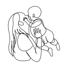 A young happy mother holds her baby in her and kisses him. A child hugs and kisses his mother. Female portrait with kid. Happy motherhood. Vector icon, emblem, logo in trendy continuous line style.