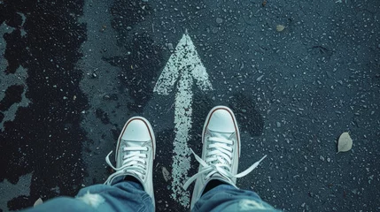Fotobehang Capturing the essence of youth street lifestyle, this image features male sneakers placed on an asphalt road with a drawn directional arrow. It symbolizes millennial education guidance, student advice © Orxan