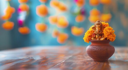 Carved statuette of Ganesha in a clay jug with flowers, on a blurred background. Religion and culture. For banners, wallpaper, background, celebration. With copy space. Bokeh, close-up, still life.  - obrazy, fototapety, plakaty