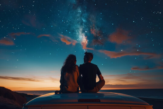 A couple stargazing from the roof of a camper van