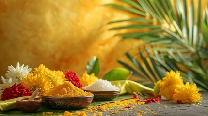 A festive display of yellow marigold flowers, red hibiscus flowers, and bowls.  Religion and culture. For banners, wallpaper, background, celebration, decor.  Whis copy space.