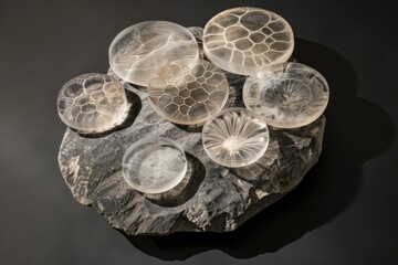 Several glass pieces neatly arranged on top of a rock. The glass pieces vary in size, creating an interesting contrast with the rough texture of the rock.