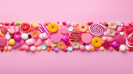 Fototapeta premium Vibrant Assortment of Colorful Candies and Sweets on a Pink Background