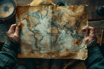 A close-up of hands holding a vintage world map