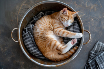 Content Orange and White Cat Napping in Vintage Metal Pot, Homely Comfort - Powered by Adobe