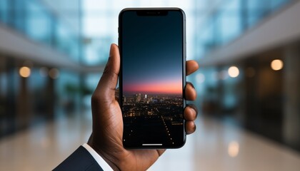 Fototapeta premium African american man holding new smartphone mockup in png, isolated on solid background